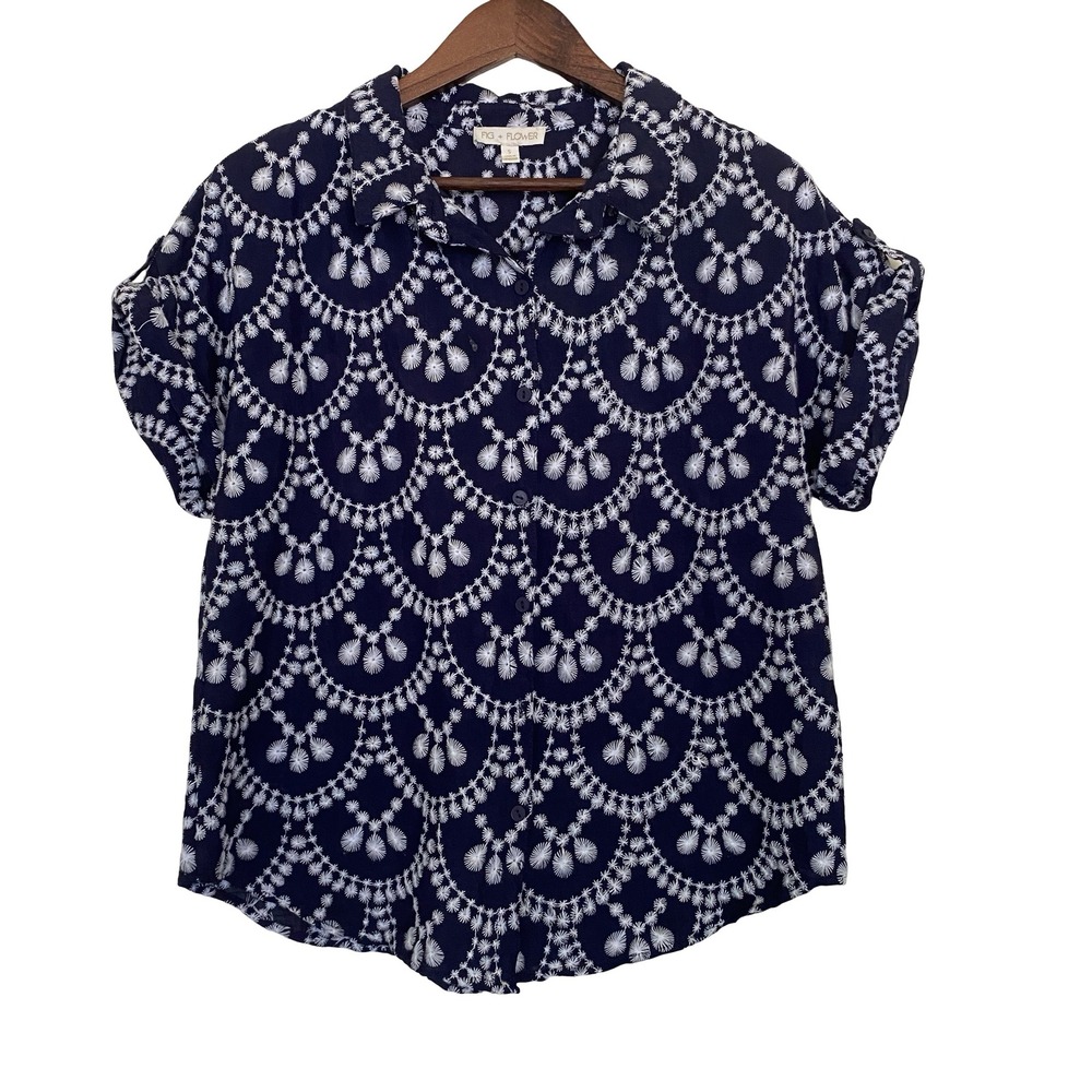 Fig + Flower Women Embroidered Button Down Shirt S Navy White Short Sleeve Boho